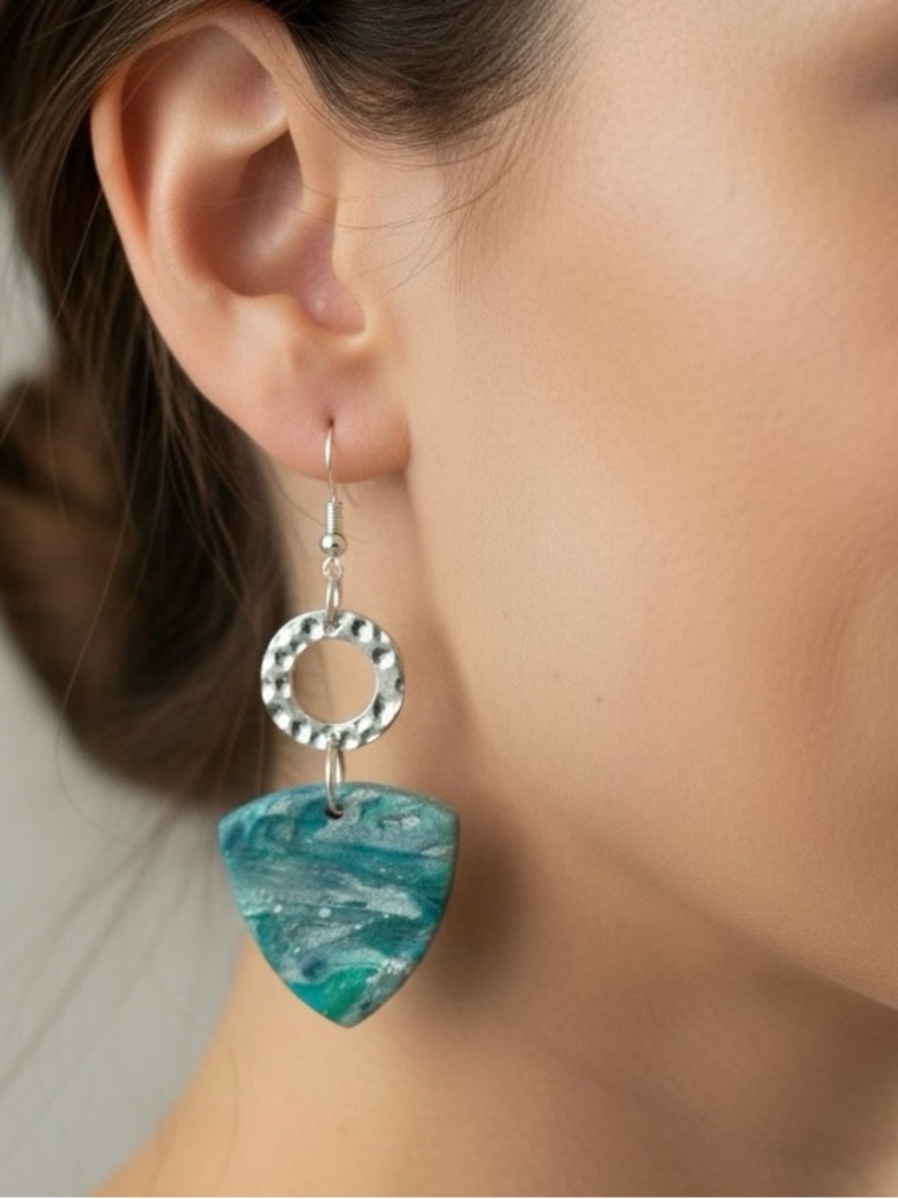 Blue Green & Silver Handmade Dangle Polymer Clay Earrings Stainless Steel Wires